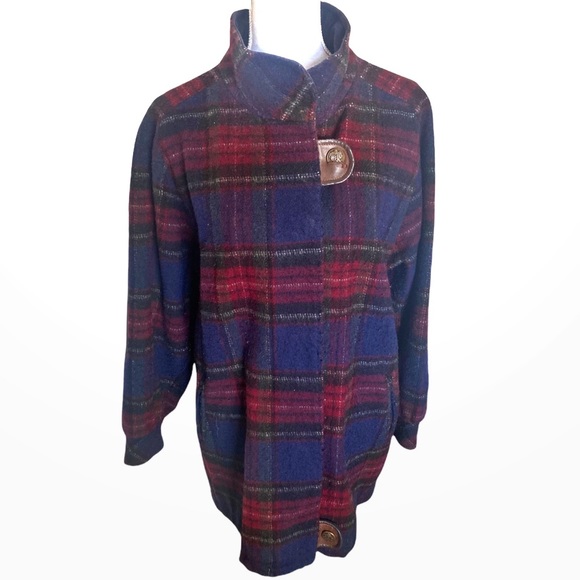 Fleet Street | Women’s Burgundy, Red, and Blue Plaid Wool Coat Size XL - Picture 2 of 15